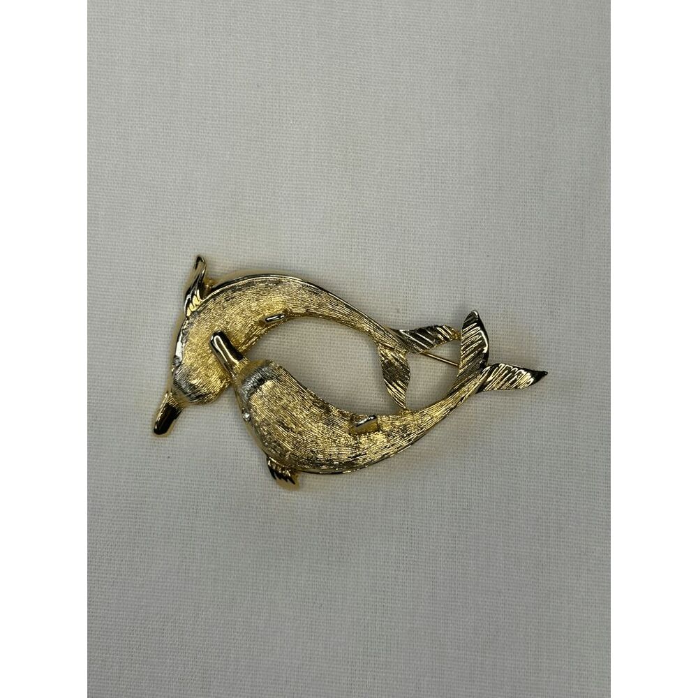 Pair of Dolphins Gold Toned Brooch/Pin Textured, Lightweight, Animals